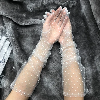 1 Par De Mulheres De Tule Curta Luvas Elástico Laço Manchas De Dedo Completo Luvas De Malha De Luvas De Renda Branca Ponto Preto Luvas De Casamento 2021 4