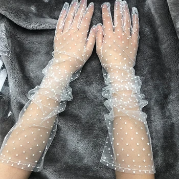 1 Par De Mulheres De Tule Curta Luvas Elástico Laço Manchas De Dedo Completo Luvas De Malha De Luvas De Renda Branca Ponto Preto Luvas De Casamento 2021 5