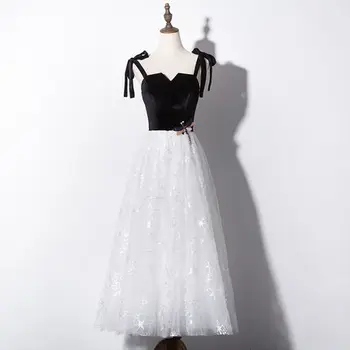 100% real de veludo preto-e-branco de organza vestido vintage vestido de ombro do bowknot