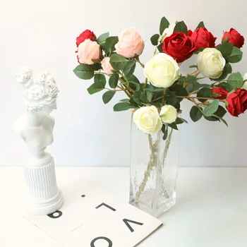 10Pcs Simulação 3 Cabeças Rose Bud Buquê de Flores Artificiais para Casamento de Flor de Parede, plano de Fundo, Decoração do Falso Coroa de flores Rosa 1