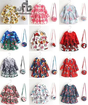 2-8years Vestido+Bag duplo/conjunto de Roupa de impressão vestido para Menina de Verão, Primavera, Outono de Manga Longa Princesa Azul backgroud palácio de estilo 1