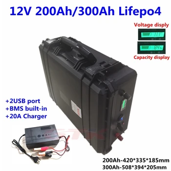 2000 ciclos de 12V 200Ah 300Ah Lifepo4 bateria de 12v com BMS 4S para 12v motor eléctrico sistema solar a fonte de alimentação+20A Carregador