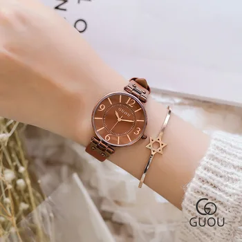2019 Lazer Simples Relógio De Senhoras Coreano Moda Digital Mostrador Redondo De Couro Pulseira Relógio De Quartzo G8213 1