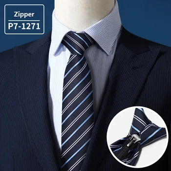 2020 Marca Nova Moda dos Homens de Alta Qualidade 7CM Listrado Azul Zíper Gravata de Negócios Trabalho Formal Terno Gravata para os Homens, com Caixa de Presente 3