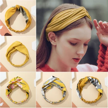 2020 Mulheres de Moda de Impressão Cabeça Turbante Elástico Amarelo Headwear quebra Cabeça das Mulheres Cross Acessórios de Cabelo para as Mulheres, Faixas de Cabelo