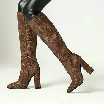 2020 Novas Mulheres Joelho Alto Botas da Moda Pontiagudo Dedo do pé Quadrado Calcanhar Senhoras Botas Outono Inverno Mulheres Deslizar sobre Sapatos de Arma de Prata Vermelha 1