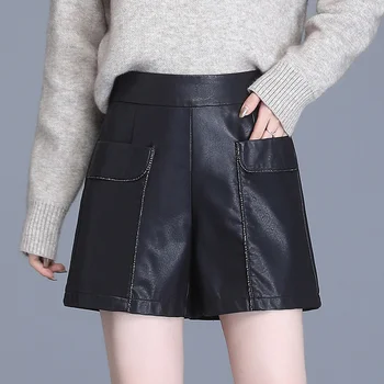 2020 Primavera, Outono Mulheres Elástico de Cintura Alta Bolsos de Lurex Preto Pu Couro, Shorts , Roupas de Mulher , coreano 4xl Shorts Ocasionais