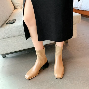 2021 Inverno Mulheres Botas de Dedo do pé Quadrado Chunky Calcanhar Ankle Boots Moderno Botas Trecho Retro Mulheres Sapatos de salto 5cm