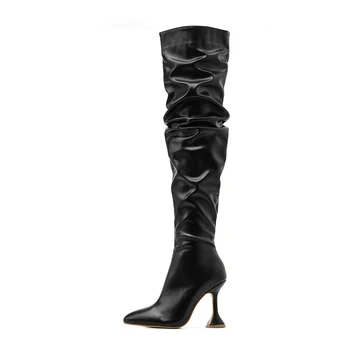 2021 Moda Inverno Mulheres Botas Over the knee high boots Preto Estranho Estilo de Saltos Calcanhar Plissadas Longas Botas Pontiagudo Dedo do pé Calçados 0