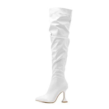 2021 Moda Inverno Mulheres Botas Over the knee high boots Preto Estranho Estilo de Saltos Calcanhar Plissadas Longas Botas Pontiagudo Dedo do pé Calçados 1