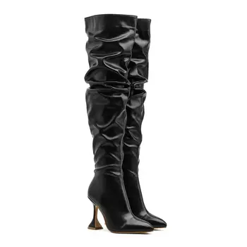 2021 Moda Inverno Mulheres Botas Over the knee high boots Preto Estranho Estilo de Saltos Calcanhar Plissadas Longas Botas Pontiagudo Dedo do pé Calçados 2