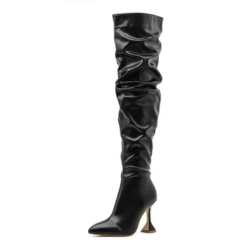 2021 Moda Inverno Mulheres Botas Over the knee high boots Preto Estranho Estilo de Saltos Calcanhar Plissadas Longas Botas Pontiagudo Dedo do pé Calçados 4