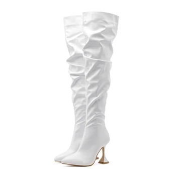 2021 Moda Inverno Mulheres Botas Over the knee high boots Preto Estranho Estilo de Saltos Calcanhar Plissadas Longas Botas Pontiagudo Dedo do pé Calçados 5