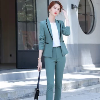 2021 Queda Mulheres Blazer E Pecil Calças Conjuntos de 2 Peças OL Estilos de Moda Green Slim, Jaqueta Casaco Profissional Formal, Calças de Ternos