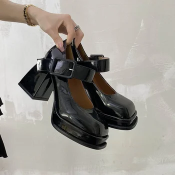 2022 Nova capa de Couro Pu de Bombas de Mulheres do Vintage Senhoras de Salto Alto Plataforma Doce Maria de junho de Estudante Sapatos Mulheres da Moda Primavera Outono