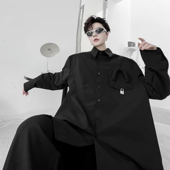 2022 Outono Homens Metal Bloqueio Bolso Moda Streetwear Oversize Solto E Casual Camisas Manga Longa Masculino Preto, Camisa Branca 3