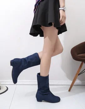 2022 Outono Inverno Mulheres Botas Meados de Bezerro Botas de Marca de Moda Feminina Esticar o Tecido de Algodão Slip-on Botas de Televisão Sapatos de Mulher