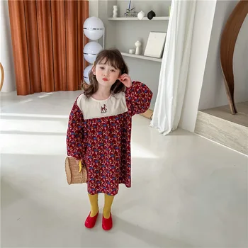 2022 Primavera Crianças Meninas Coreano Bordado Veado Pastoral Floral Vestido De Princesa Vestido De Meninas De Estilo Retro 1