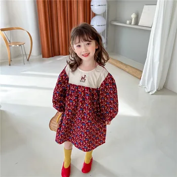 2022 Primavera Crianças Meninas Coreano Bordado Veado Pastoral Floral Vestido De Princesa Vestido De Meninas De Estilo Retro 5
