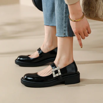 2022 Primavera Sapatos para as Mulheres do Dedo do pé Redondo Mulheres Sapatos de Chunky Calcanhar Mary Janes Bombas de Couro Rachado Clássicos Sapatos Pretos Sapatos de Plataforma