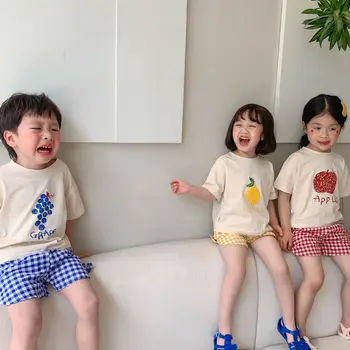 2022 Verão Nova-coreano Frutas de manga Curta T-shirt Tops e Shorts Xadrez Meninos e Crianças de Boutique de Roupas de Estilo Simples 0