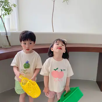 2022 Verão Nova-coreano Frutas de manga Curta T-shirt Tops e Shorts Xadrez Meninos e Crianças de Boutique de Roupas de Estilo Simples 1