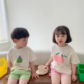 2022 Verão Nova-coreano Frutas de manga Curta T-shirt Tops e Shorts Xadrez Meninos e Crianças de Boutique de Roupas de Estilo Simples 3