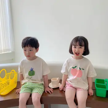 2022 Verão Nova-coreano Frutas de manga Curta T-shirt Tops e Shorts Xadrez Meninos e Crianças de Boutique de Roupas de Estilo Simples 4