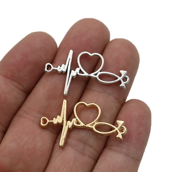 30pcs da Cor do Ouro do Coração Eletrocardiograma Charme Pingentes para Fazer Jóias Pulseira DIY Acessórios 34x19mm