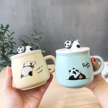 3D dos desenhos animados do panda Caneca com colher de 400ml cor do esmalte bonito copo de água canecas de cerâmica literária e artística, Copos de Café, chá caneca 1