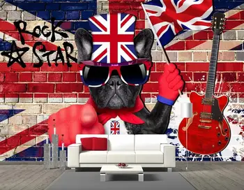 3D personalizado mural de parede Britânico vintage rock cão guitarra de moda de fundo pintura de decoração de parede