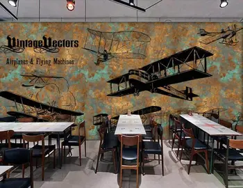 3D personalizado mural de parede Europa e América retro pintados à mão aeronave bar café na parede do fundo