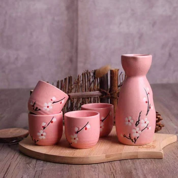 5-Peça De Vinho Do Conjunto De Cerâmica De Estilo Japonês Causa Copos De 16 De Padrão De Maneki Neko Sakura Sorte Gato Bebendo Vinho Copa Garrafa