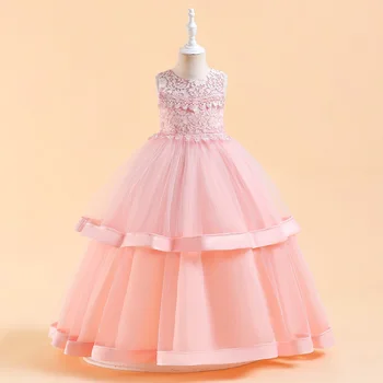 A princesa cor-de-Rosa Vestido de Renda Para o Casamento de Meninas de Flor Vestido Tulle Espumante Vestido Formal para a Comunhão Vestido Longo