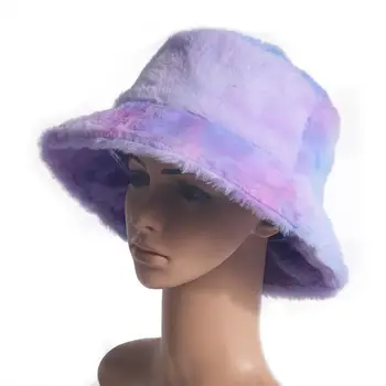 A senhora do Chapéu de Laço-Tingimento de Inverno Cor do arco-íris Chapéu de Balde de Pelúcia Quentes de Mulheres de Chapéu de Moda Peludos Exterior Pescadores Chapéu para o Diário