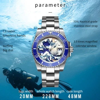 Addies de Mergulho, mergulhador de Impressão 3D C3 Completo Luminoso de Surf com ligação de aço inoxidável Sapphire bisel de Cerâmica 20 Bar Mens Relógio Automático