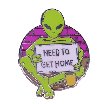 Alien Precisa Chegar Em Casa O Esmalte Pin Com O Copo Parede De Tijolos Broche De Desenhos Animados Emblema