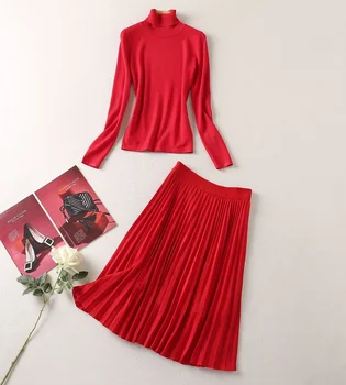 Alta Qualidade Camisola Conjuntos De 2021 Outono Inverno Saia Ternos Das Mulheres De Gola Alta Vermelha 