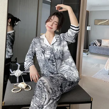 Alta Qualidade de Mulheres Pijama de Impressão Conjunto de Tinta Selva de Impressão Pijamas de Seda Como Homewear de Pescoço de V de Dormir Lazer Loungewear 0