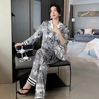 Alta Qualidade de Mulheres Pijama de Impressão Conjunto de Tinta Selva de Impressão Pijamas de Seda Como Homewear de Pescoço de V de Dormir Lazer Loungewear 1