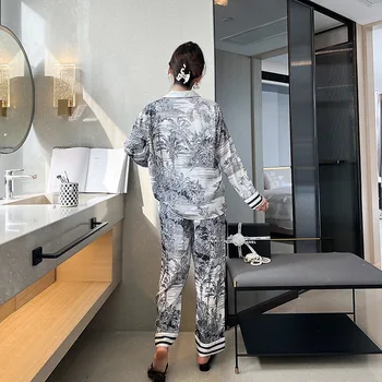 Alta Qualidade de Mulheres Pijama de Impressão Conjunto de Tinta Selva de Impressão Pijamas de Seda Como Homewear de Pescoço de V de Dormir Lazer Loungewear 5