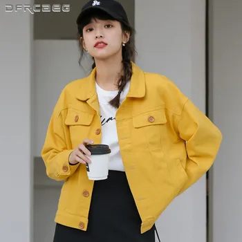Amarelo Streetwear Mulheres Casaco Jeans Com Bolso 2021 Mola Solta de Manga Longa, Casacos Casual Jeans Retro Outwear