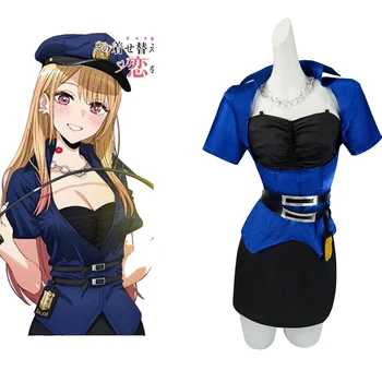 Anime O Meu Vestido-Up Darling Marin Kitagawa Uniforme Da Polícia De Cosplay Fantasia De Policial Peruca Brincos Chapéu, Casaco Azul, Vestido