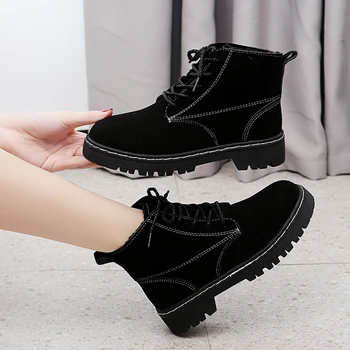 Ankle Boots de Camurça Lace-up de Couro Mulheres Televisão Plataforma de Curto Botas de Senhoras Sapatos da Moda Outono Inverno Botas Zapatillas Mujer