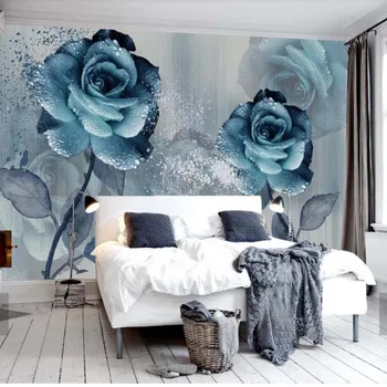 Aquarela Azul, Rosa Flor Papier Peint Mural de Papéis de Parede para o Quarto da Foto de papel de Parede de Arte Decalques da Parede Murais 3d Papéis de parede