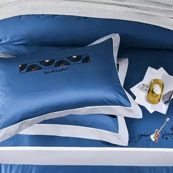 Azul marinho Conjunto de roupa de Cama Longo descontínuas de Algodão jogo de Cama Bordado de roupa de Cama Roupa de Cama Queen/King Size Bordas Brancas Fronha 5