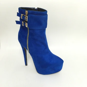 Azul Redondo Toe De Salto Alto, Botas De Mulheres De Alta De Tornozelo Lado Zippe Tamanho 45 Senhoras Botas Curtas De Pelúcia Inverno Arranque Das Mulheres Sapatos De 2017, Novo