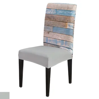 Azul Vintage Grão de Madeira Antigo Rústico Algodão Toalha de Linho Spandex Elástico Cadeira de Jantar de Capa de Pano de Tabela para Decoração de Cozinha 4