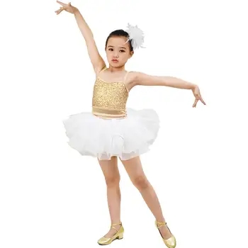 Balé de meninas Traje de Ouro/Branco Pneus Tutu Vestido de Dança, Traje de Lantejoulas de Desempenho do Vestuário para Crianças