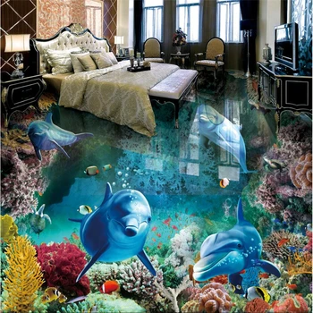 beibehang de Fotos Personalizadas em Carpete papel de Parede 3D Estereoscópico Dolphin Oceano Chão da casa de Banho Mural papel de Parede do PVC Auto-adesivo de Chão
